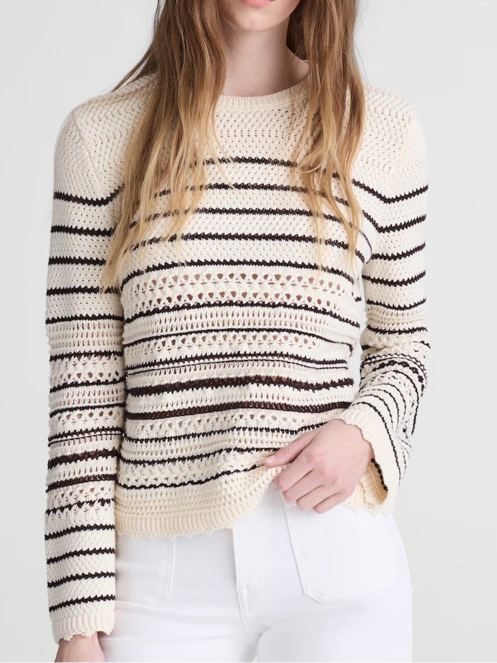 NWOT MADEWELL Open-Stitch Beach Sweater 100% Cotton Ivory Chocolate Stripe M